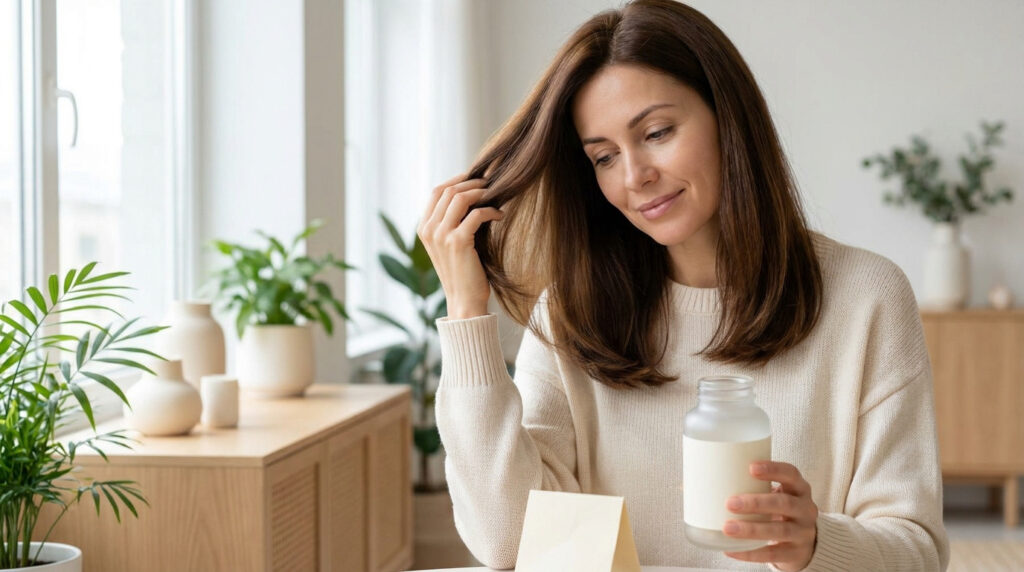 Une femme souriante examine ses cheveux brillants tout en tenant un flacon de complément alimentaire.