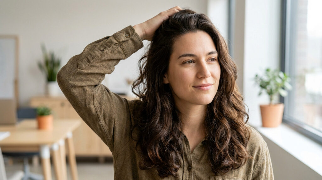 Jeune femme souriante passant la main dans ses cheveux bruns ondulés dans un bureau lumineux.