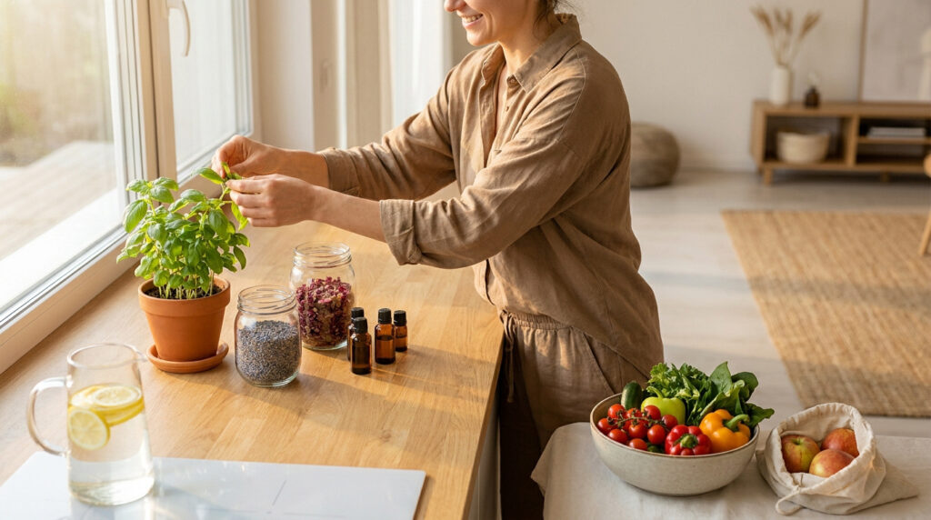 Une femme préparant des herbes fraîches et des remèdes naturels dans une cuisine lumineuse.