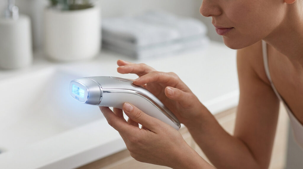 Une femme utilise un épilateur à lumière pulsée dans une salle de bain avec une lumière bleue allumée à l'extrémité.