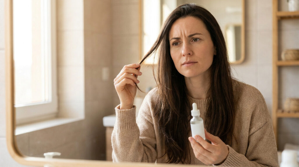Une femme préoccupée examinant ses cheveux devant un miroir de salle de bain en tenant un flacon de sérum.