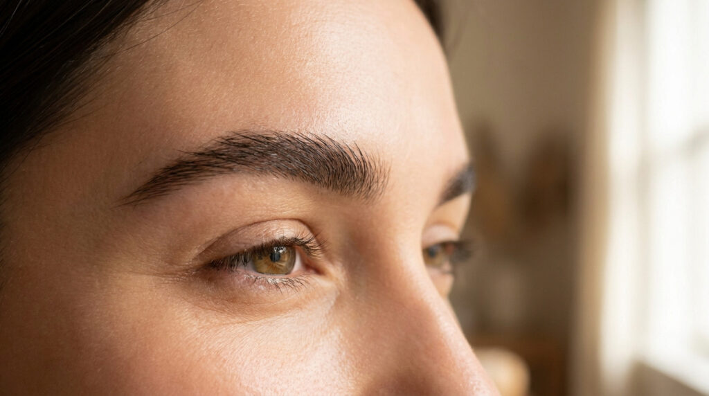 Gros plan sur le regard d'une femme avec des sourcils fournis et bien dessinés.