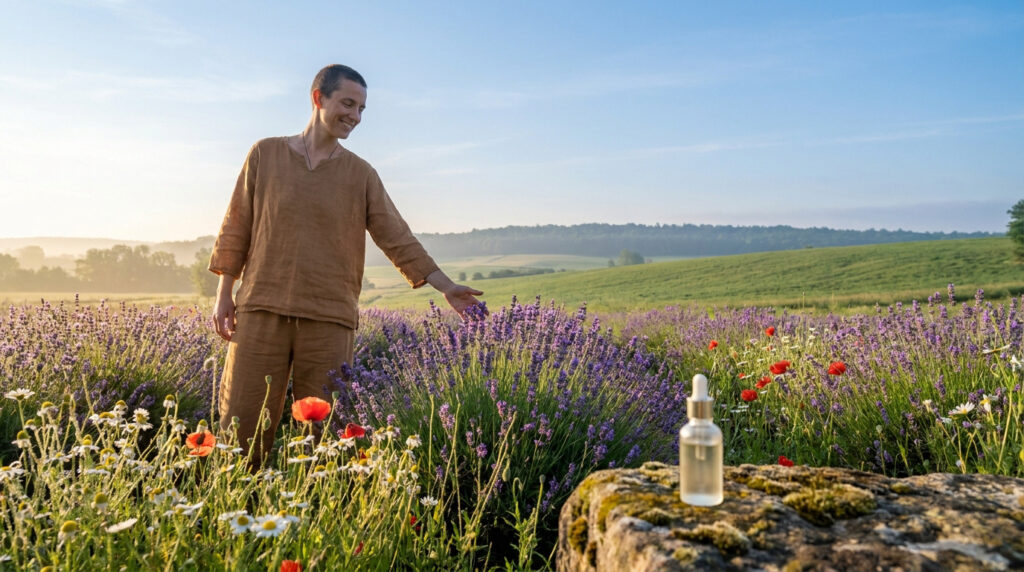 Une personne souriante dans un champ de lavande au lever du soleil avec un flacon de fleurs de Bach sur une pierre.