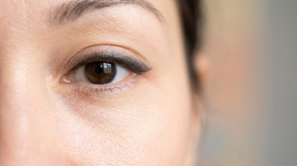 Gros plan sur un œil féminin avec un trait d'eye-liner permanent subtil le long de la ligne des cils supérieurs.