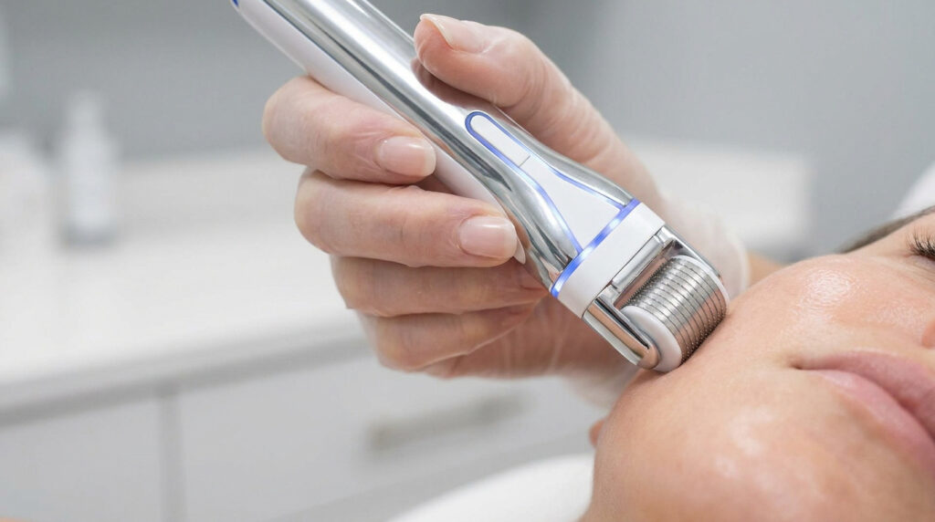 Une esthéticienne utilise un appareil de microneedling sur le visage d'une cliente dans un cabinet.