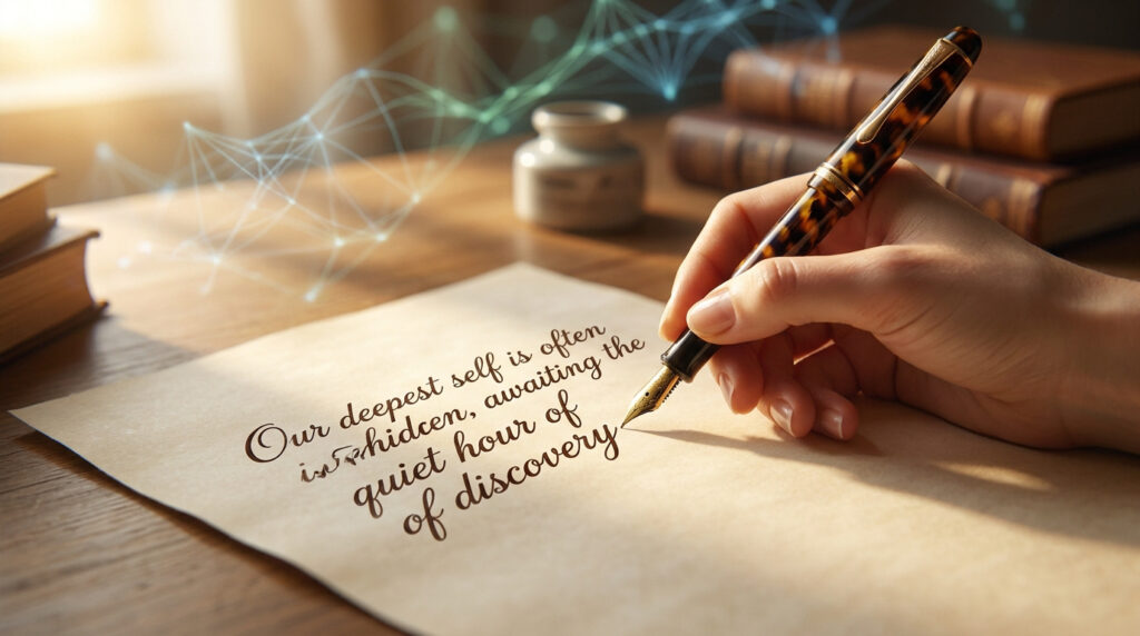 Une main écrit avec un stylo plume sur du papier ancien, avec des éléments graphiques numériques en arrière-plan.