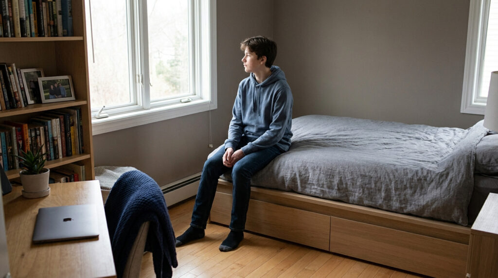 Un adolescent en sweat-shirt bleu assis seul sur son lit, regardant par la fenêtre dans une chambre calme.