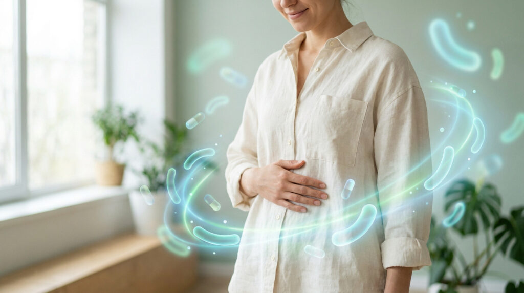 Femme tenant son ventre avec des effets graphiques de probiotiques et de capsules autour de sa zone abdominale.