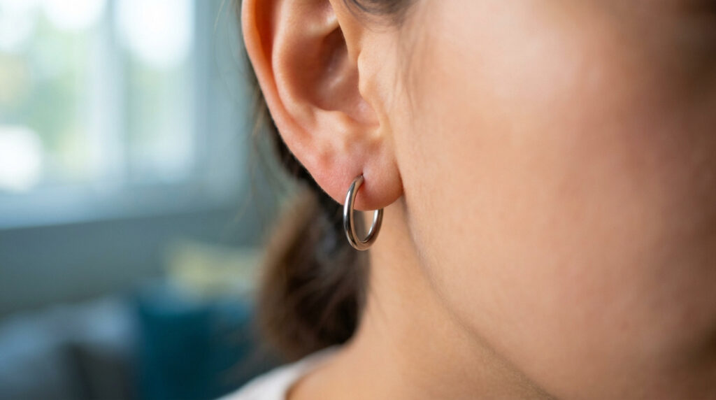 Gros plan sur l'oreille d'une femme portant une petite créole en métal argenté brillant.