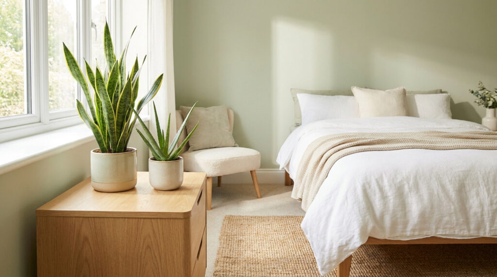 Sansevieria et aloe vera sur une table de chevet dans une chambre lumineuse aux tons naturels.