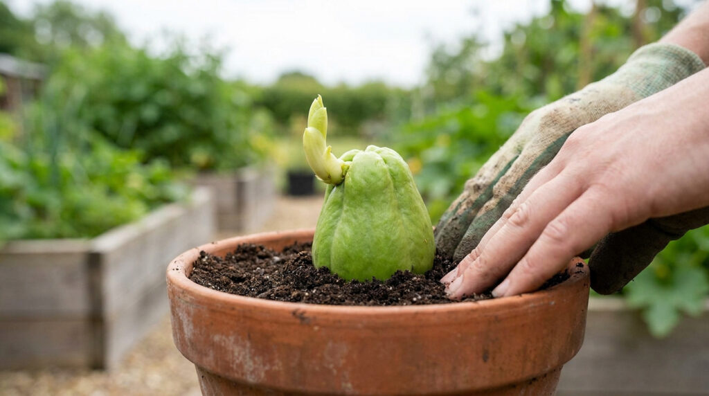 Mains gantées plantant une christophine germée dans un pot en terre cuite dans un jardin.