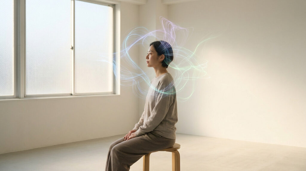 Une personne assise dans une pièce lumineuse avec des ondes lumineuses colorées entourant sa tête.