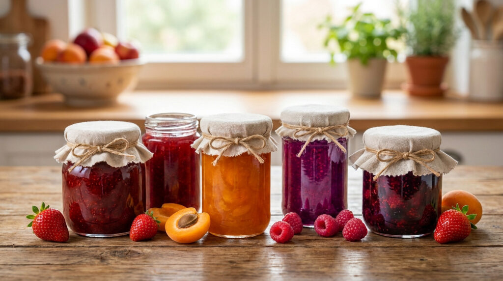Cinq bocaux de confitures artisanales aux fruits frais sur une table en bois dans une cuisine lumineuse.