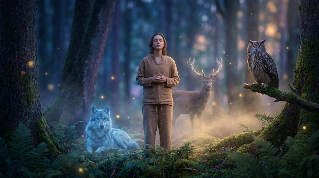 Une personne méditant en forêt, entourée d'un loup, d'un cerf et d'un hibou dans une atmosphère mystique et onirique.