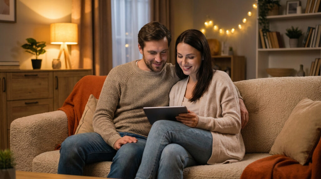 Un couple souriant assis sur un canapé, regardant ensemble une tablette numérique dans un salon chaleureux et éclairé.