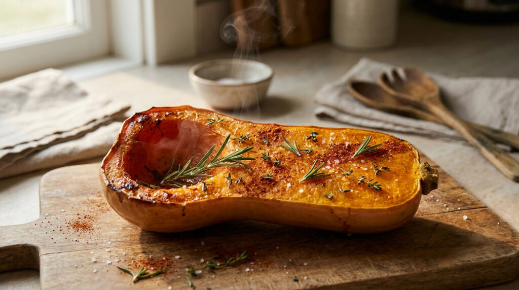 Une moitié de courge butternut rôtie et fumante, assaisonnée d'herbes aromatiques sur une planche en bois.