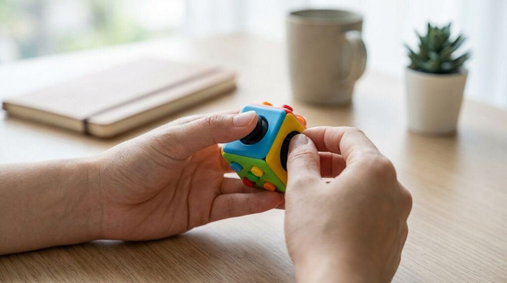 Gros plan sur des mains manipulant un fidget cube coloré sur un bureau.