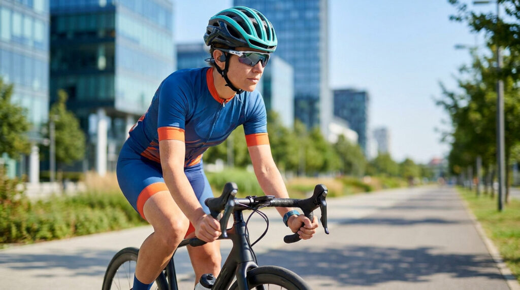 Cycliste portant un casque et des écouteurs à conduction osseuse sur une piste cyclable en ville.