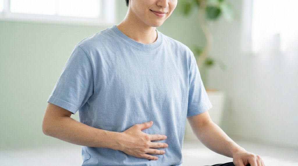Un jeune homme en t-shirt bleu pose sa main sur son ventre avec un sourire serein et apaisé.