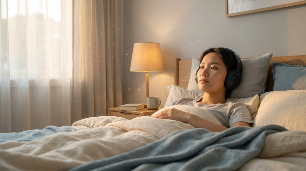 Une femme détendue avec un casque audio dans son lit, baignée par une lumière douce et des particules scintillantes.
