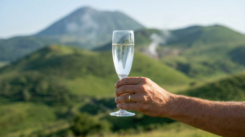 Une main tient une flûte d'eau gazeuse pétillante devant un paysage de montagnes volcaniques verdoyantes.