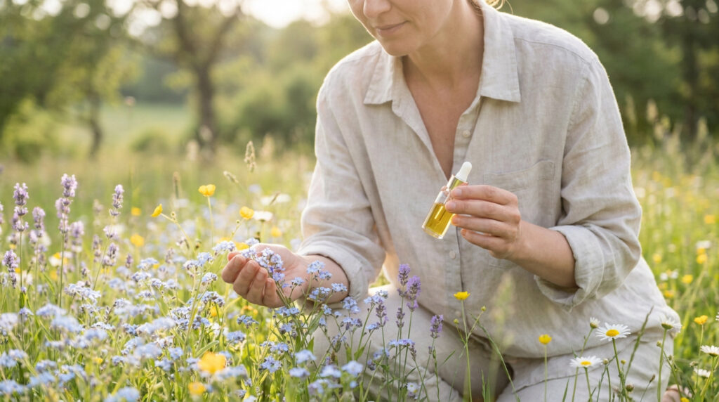 Une femme dans un champ de fleurs sauvages tient une fiole d'huile essentielle ou de fleur de Bach.