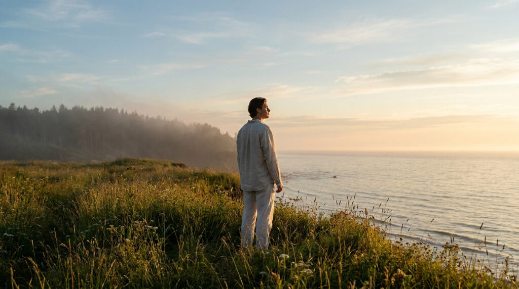 Un jeune homme debout au bord d'une falaise, regardant l'océan au coucher du soleil dans un moment de paix.