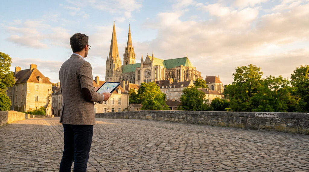 Un homme en veste regarde une tablette face à la cathédrale de Chartres au coucher du soleil.