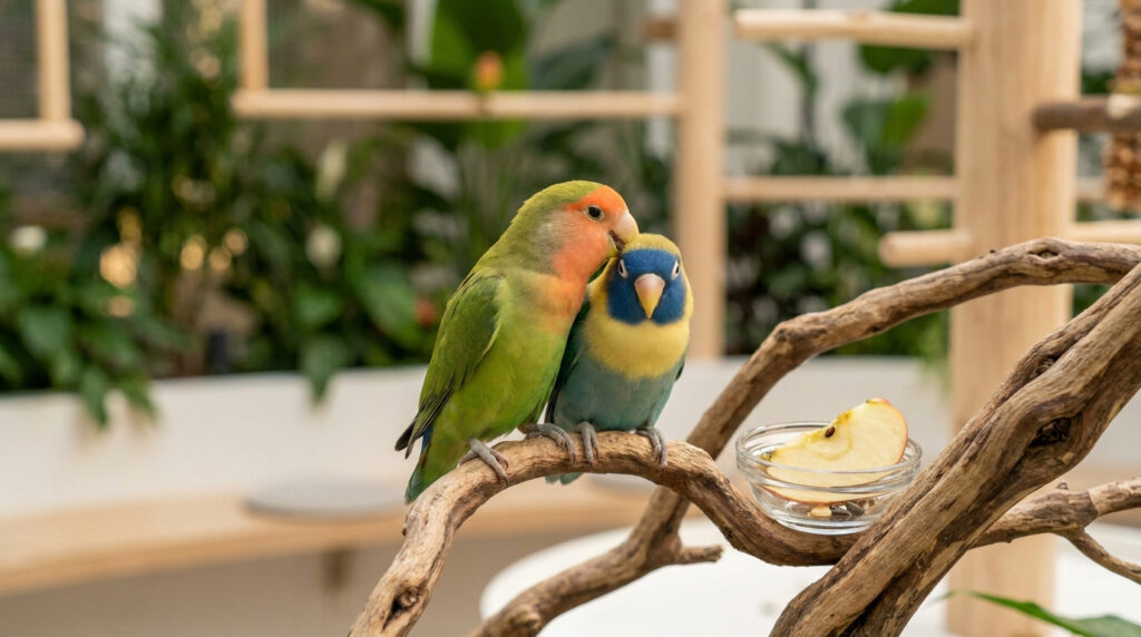 Deux perroquets inséparables colorés perchés sur une branche en bois avec une tranche de pomme à côté.