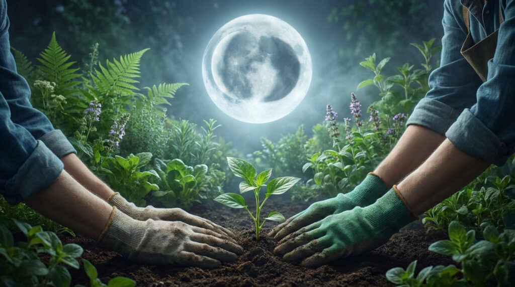 Deux mains gantées plantent un jeune végétal dans la terre sous une pleine lune mystique dans un jardin luxuriant.