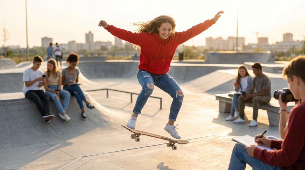 Une adolescente souriante saute avec son skateboard dans un skatepark au coucher du soleil, entourée d'amis.