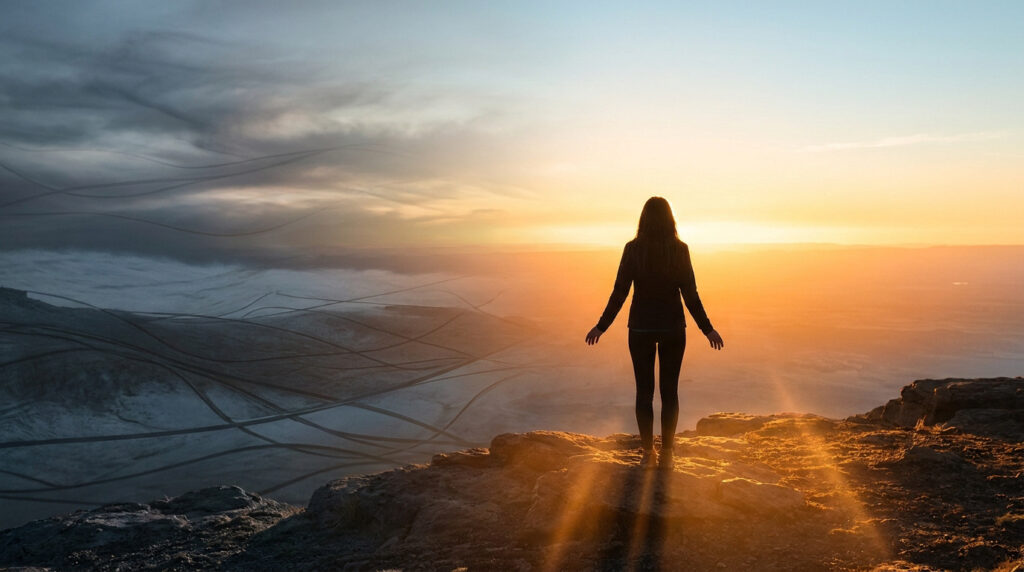 Femme debout sur une falaise, face à un coucher de soleil lumineux d'un côté et à des ténèbres brumeuses de l'autre.