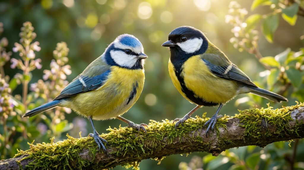 Une mésange bleue et une mésange charbonnière posées côte à côte sur une branche couverte de mousse en forêt.