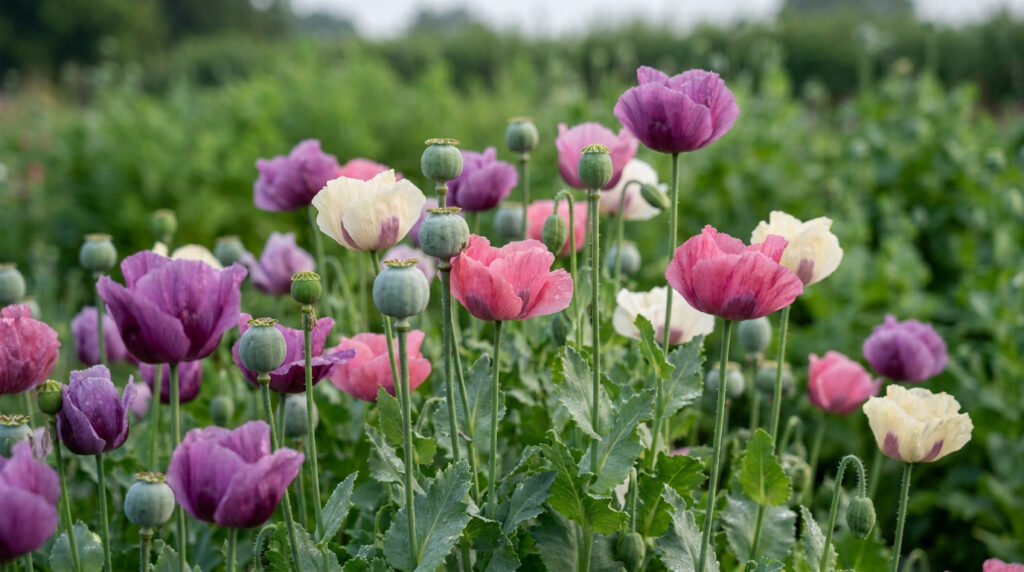 Un champ de pavots à opium avec des fleurs roses, violettes et blanches et des capsules de graines vertes.