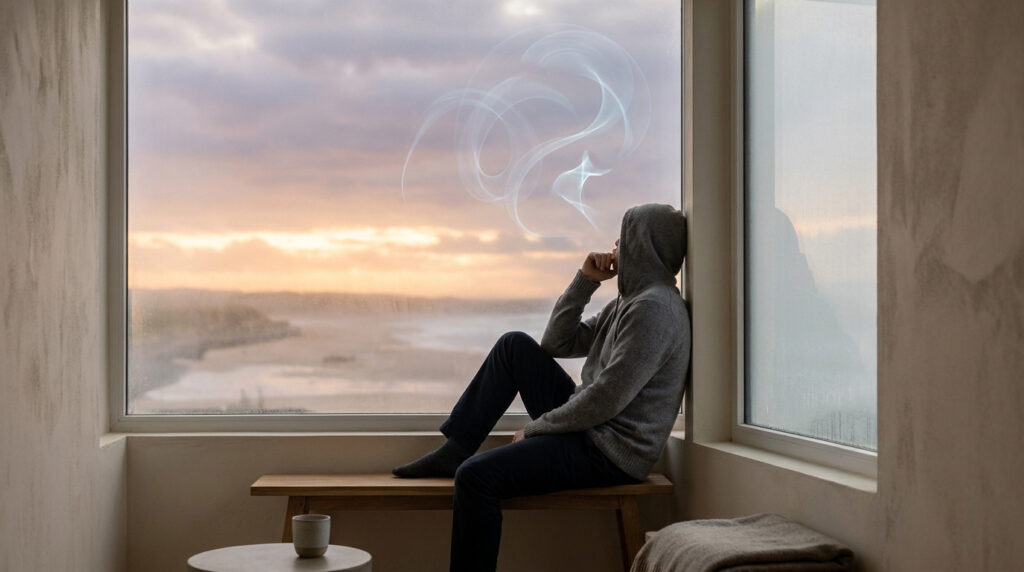 Un homme en sweat à capuche assis devant une fenêtre, regardant une forme vaporeuse abstraite au-dessus de la mer.