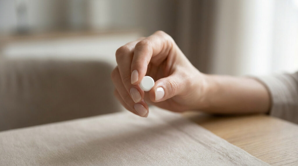 Une main féminine tenant une petite pilule blanche au-dessus d'une table en bois.
