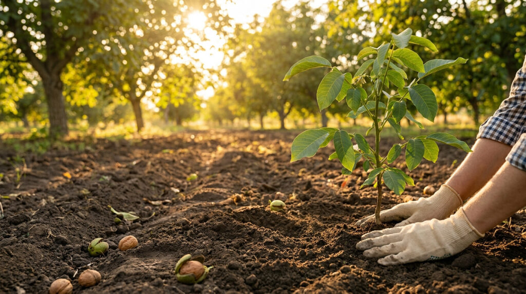 Mains gantées plantant un jeune noyer dans la terre avec un verger en arrière-plan sous un soleil couchant.