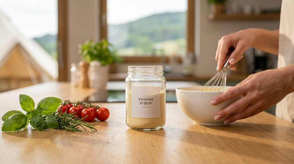 Un bocal de poudre d'œuf sur une table avec des mains qui fouettent un mélange dans un bol.