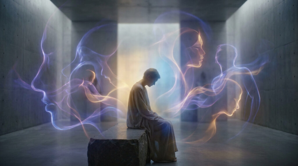 Une personne assise méditant entourée de silhouettes spectrales et lumineuses dans une pièce en béton minimaliste.