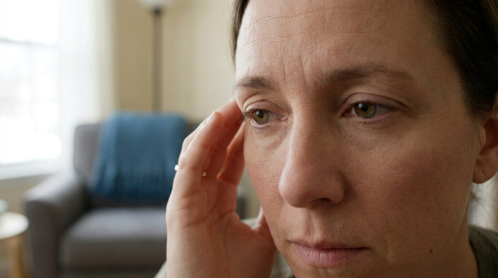 Une femme fatiguée se tient la tempe, illustrant les symptômes d'une paupière qui tremble.