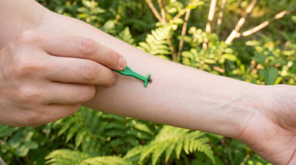 Une personne utilisant un tire-tique vert pour retirer une tique fixée sur son avant-bras dans la nature.