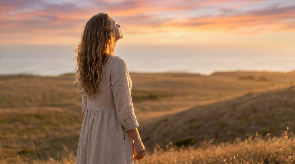 Une femme aux cheveux longs en robe beige contemple le coucher de soleil au bord de l'océan.