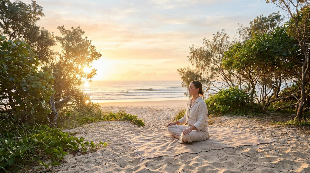 Une femme médite sur une couverture sur la plage au lever du soleil, entourée par une végétation tropicale luxuriante.