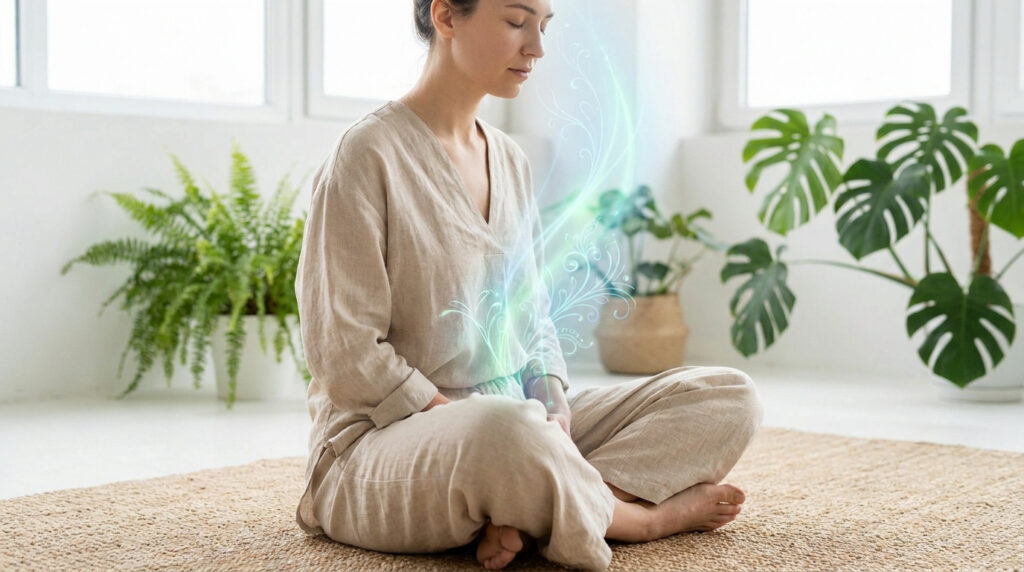Femme en méditation, assise sur un tapis avec une illustration lumineuse émanant de son ventre.