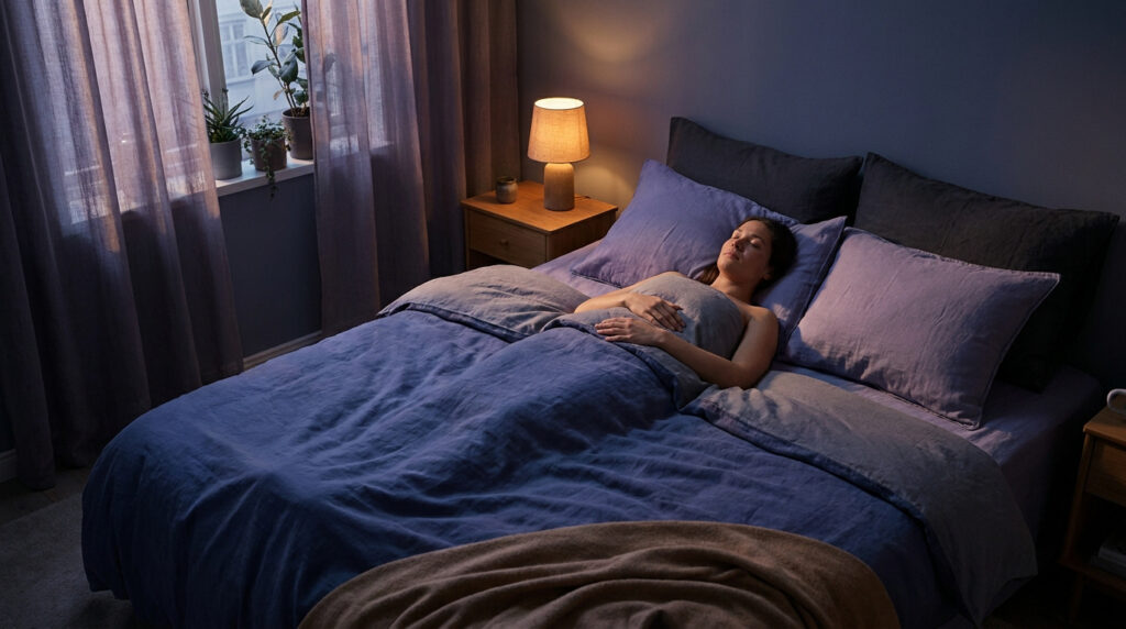 Une femme dort paisiblement dans un lit douillet avec un éclairage tamisé, évoquant la relaxation et la sérénité.