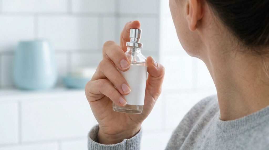 Une personne tenant un flacon spray transparent pour nettoyer ses oreilles dans une salle de bain.