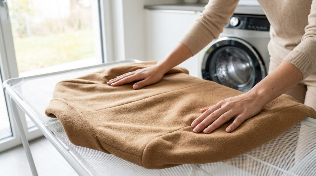 Personne étendant un manteau en laine beige à plat sur un séchoir à linge devant une machine à laver.