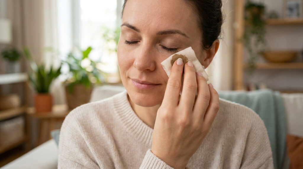 Une femme applique une compresse chaude sur son œil pour traiter un orgelet.