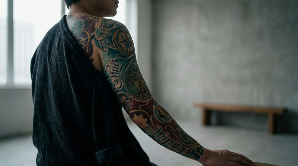 Personne portant un tatouage complexe sur tout le bras dans une pièce lumineuse au style industriel.