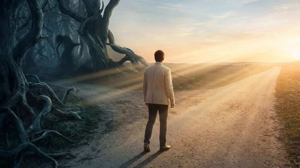 Un homme debout à un carrefour, entre une forêt sombre et inquiétante à gauche et un chemin lumineux à droite.